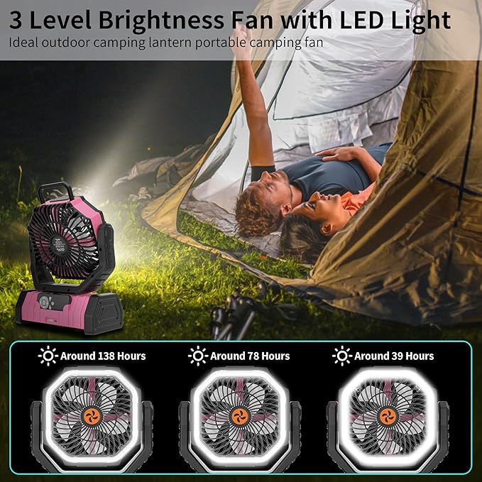 20000mAh Camping Fan Battery Operated Fans Portable,Portable Rechargeable Battery Powered Fan with LED Light,360°Oscillating & 8H Timer Camping Essentials Fans with Hook pink fan