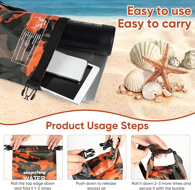 Waterproof Dry Bag 5L/10L/15L/20L/30L Roll Top Dry Storage Backpack with Phone Case, Collapsible Water Bottle, Sunglasses, Ear Band for Kayaking Boating Swimming Fishing Camping, Orange 30L