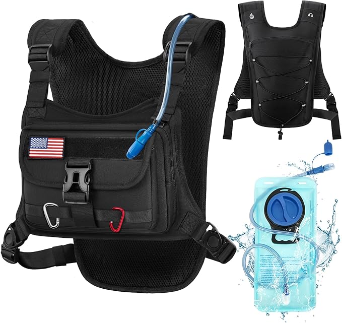 RAINSMORE Hydration Vest with 2L Water Bladder Lightweight Reflective Chest Pack for Cycling Hiking Adjustable Shoulder Strap for Men Women