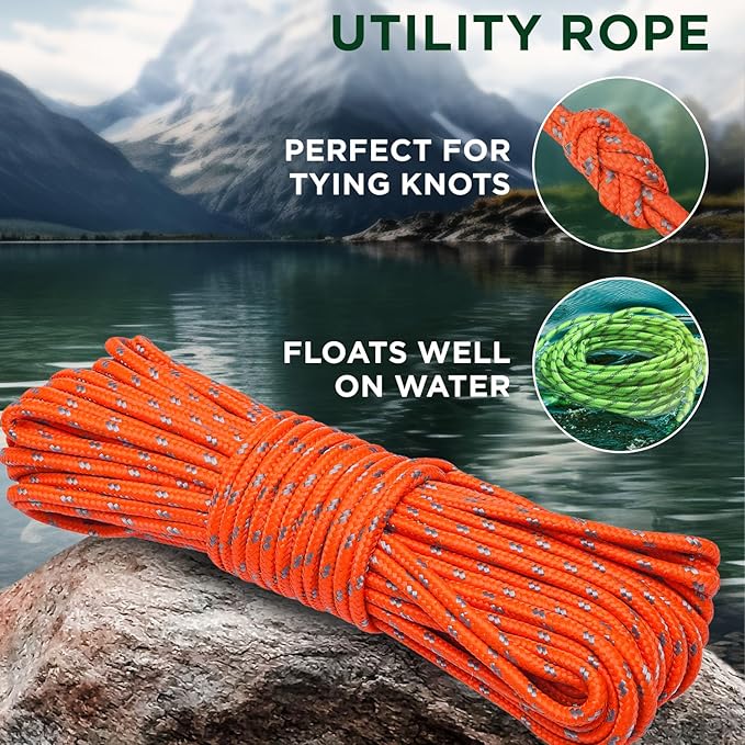 TECEUM Rope – 150 Feet x 1/4 Inch (7mm) – Orange Gray – Strong All-Purpose Utility Rope – Camping, Crafting, Flag Pole, Indoor & Outdoor – Polypropylene Nylon Poly Lightweight Diamond Braided Cord