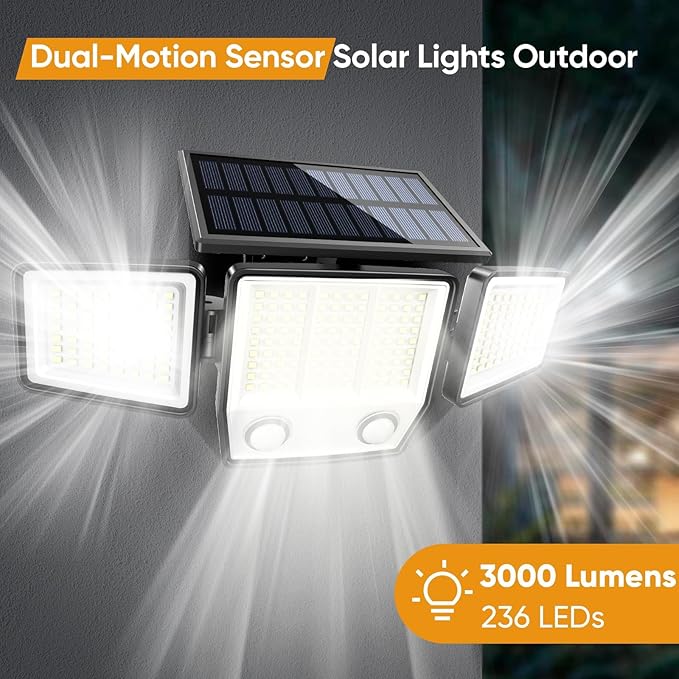 Solar Motion Sensor Outdoor Lights Waterproof - 3000LM Solar Security Lights Outdoor 270° Illumination IP65 LED Solar Flood Wall Light for Garden (English, 2)