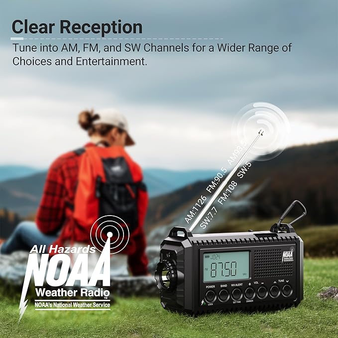 Auto NOAA Digital 5000 Weather Radio with Backlit LCD Screen, 5 Way Powered Solar Hand Crank Portable AM/FM/Shortwave Emergency Radio/Phone Charger,Read Lamp/Camping Flashlight,Earbud Jack,Clock,SOS