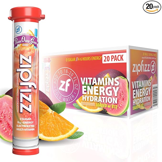 Zipfizz Daily Energy Drink Powder, Passion Orange Guava, 20 Pack | 3-in-1 Sustained Energy, Rapid Hydration, and Essential Vitamins | Sugar-Free | Electrolyte Powder | Contains Vitamin B-12 & Antioxidants