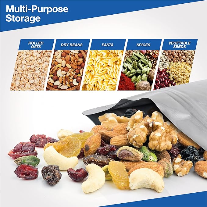 BELLE KR® 100 Pcs Assorted Mylar Bags for Food Storage With Oxygen Absorber 500cc - Large Mylar bags 1 Gallon (10x14), 7x10 & 5x8, 4x6 with 1 Side Clear - (25 Pcs Each) with 100 Labels