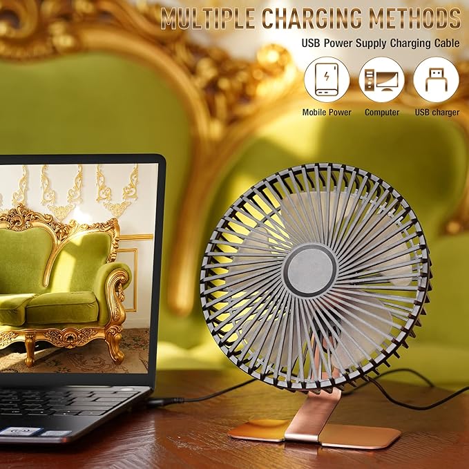 SLENPET 6 inch USB Small Desk Fan, 4 Speeds, Ultra-quiet, 90° Adjustment for Better Cooling, Portable Mini Powerful Desktop Table Fan, Mini Personal Fan for Home Office, Metal Base, Bronze