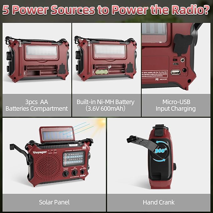Kaito KA500RED 5-Way Powered Emergency AM/FM/SW Weather Alert Radio, Red