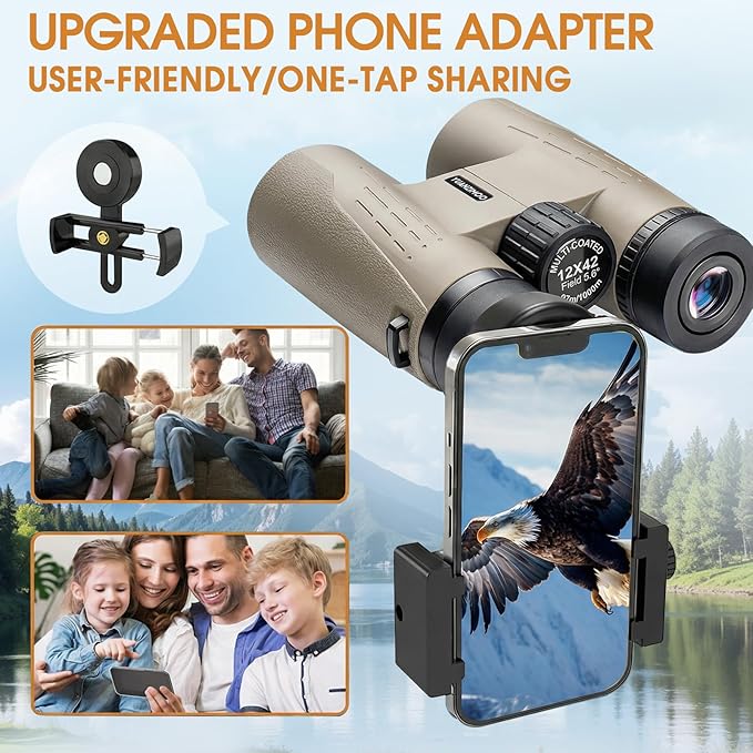 12x42 HD Binoculars for Adults High Powered Binoculars with Upgraded Phone Adapter Waterproof Compact Binocular with Low Light Night Vision for Bird Watching Hunting Outdoor Sports Concerts Camo
