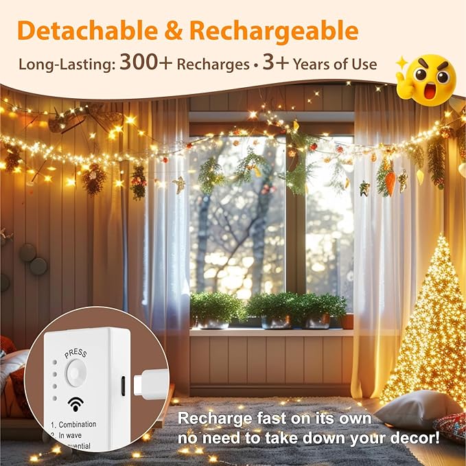 HXWEIYE Rechargeable Fairy Lights with Remote & DIY Timer, 2 Pack 33ft 100LED Battery Operated Twinkle String Lights, 8 Modes Decor Light for Bedroom Indoor Wedding Dorm Christmas Tree (Warm White)