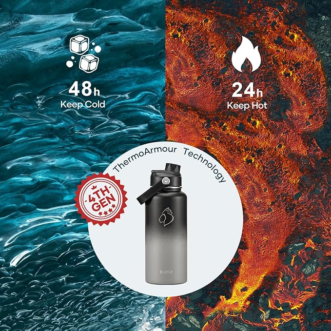 BUZIO 32 oz Water Bottle Insulated, Leakproof Stainless Steel Flask (Cold for 48 Hrs), Wide Mouth BPA-Free Metal Thermo Hydro Canteen with 2 Lids,Shadow