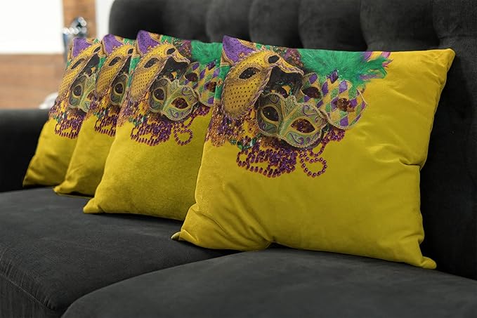 Ambesonne Mardi Gras Decorative Throw Pillow Case Pack of 4, Colorful Group of Venetian Carnivals Accessories, Cushion Cover for Couch Living Room Car, 18", Purple Yellow