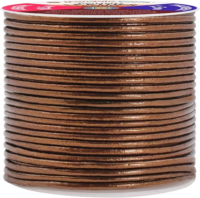 Mandala Crafts Round Genuine Bronze Leather Cord for Jewelry Making – 1.5mm Cowhide Leather Rope String Lace for Kumihimo – 20 Yards Cowhide Craft Cording Spool