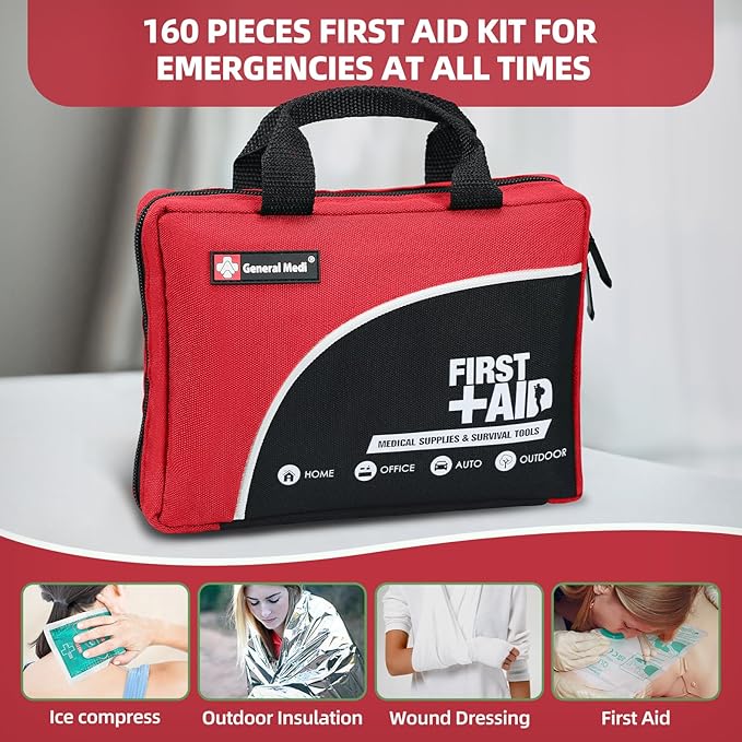 First Aid Kit -160 Pieces Compact and Lightweight - Including Cold (Ice) Pack, Emergency Blanket, Moleskin Pad,Perfect for Travel, Home, Office, Car, Camping, Workplace (Red)