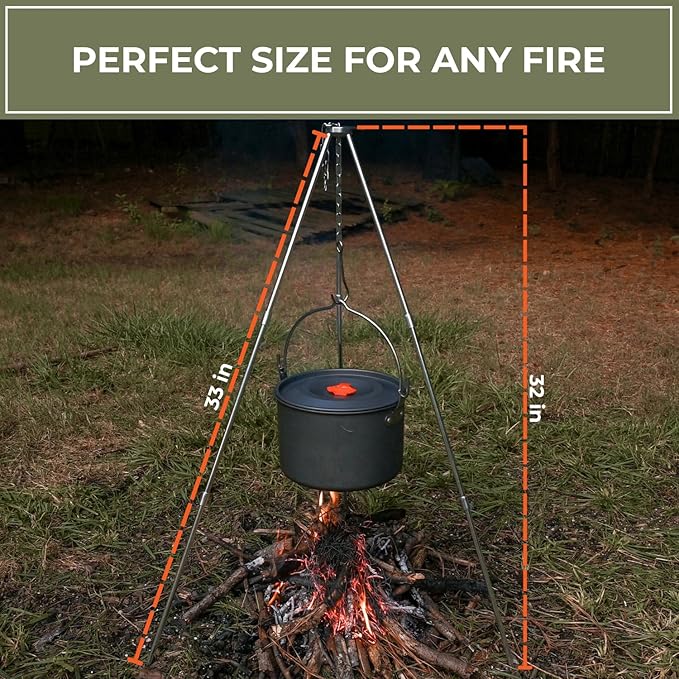 Tactiko Survival 33" Camping Tripod for Cooking - Stainless Steel Folding Stand, Adjustable Chain – Compact, Lightweight Outdoor Gear for Hanging Kettles, Pots & Percolators