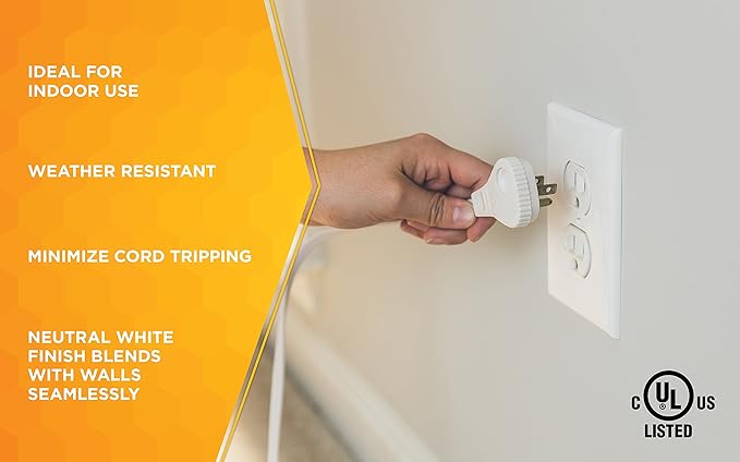 Woods Slimline Indoor Flat Extension Cord,8 Ft,16 Gauge Right Angle Plug,3 Polarized Outlets,125 Volts,White,2241,(Pack of 6)