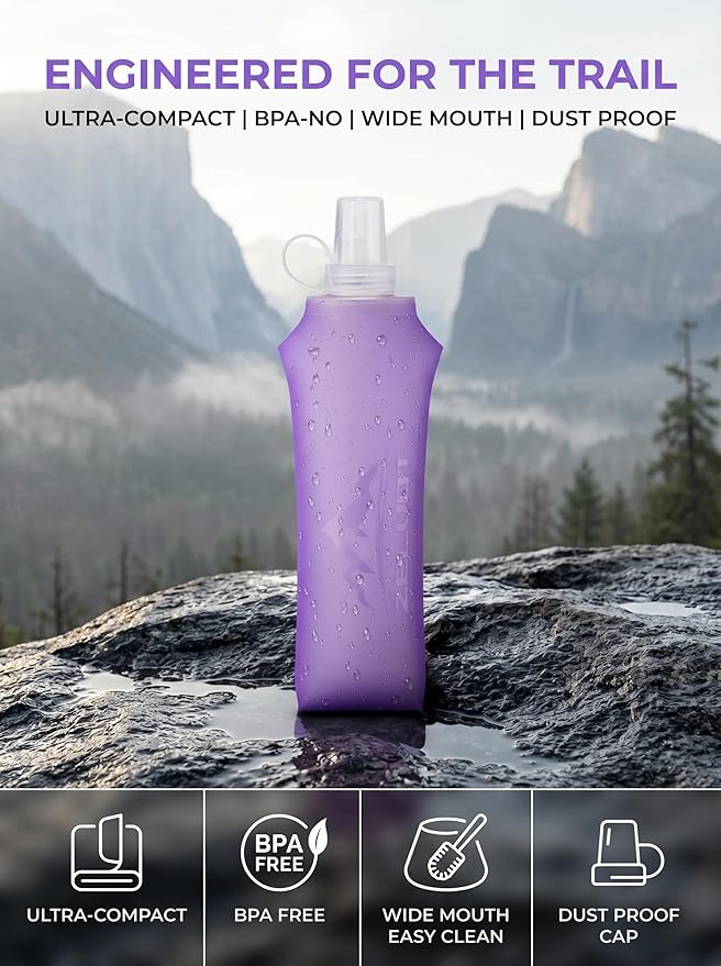 Zelvot Running Vest Soft Flask, BPA-Free 500ml Collapsible Water Bottle for Hydration Backpack, Folding Running Water Bottle for Marathon Hiking Cycling Climbing (Purple, 500 ML)