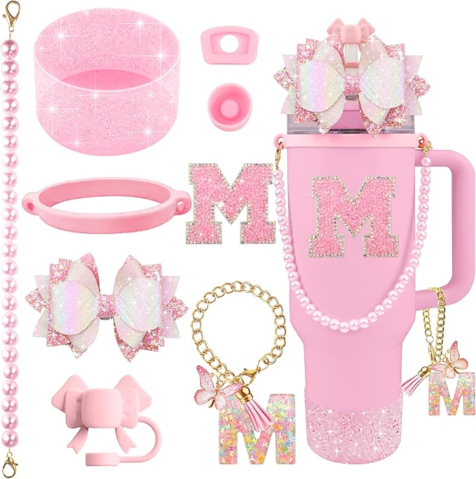 9PCS Pink for Stanley Cup Accessories Set Bling Initials Bow Charms for Stanley Decorations 30/40 Oz Tumbler Accessories Including Bow Straw Topper, Handle Strap, Spill Stopper（Letter M）