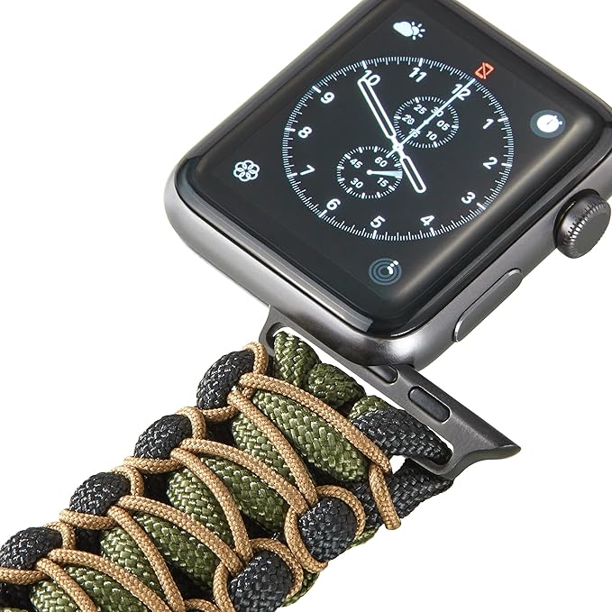 Savior Survival Gear Paracord Watch Band Compatible with Apple Watch Band 49mm 46mm 45mm 44mm 42mm,iWatch Band Series Ultra 10 9 8 7 6 5 4 3 2 1 SE, Adjustable strap for men (Green-Black-Khaki-Large)