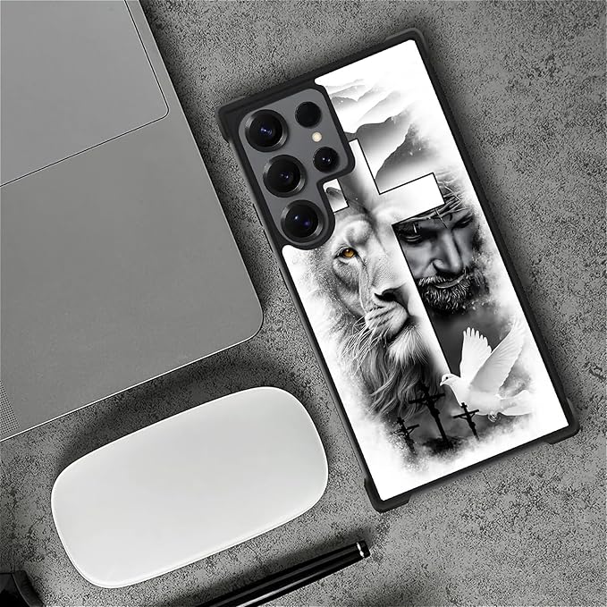 for Samsung Galaxy S25 Ultra Case,Graphic Design for Girl Boy Soft Silicone Hard Acrylic Shock Protection Designed for Samsung Galaxy S25 Ultra Lion Cross Jesus Christ Dove Pattern