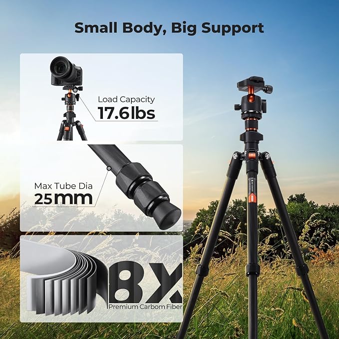 K&F CONCEPT 64" Carbon Fiber Camera Tripod,Lightweight Travel Tripod with 36mm Metal Ball Head Load Capacity 17.6lbs, Quick Release Plate,for DSLR Cameras Indoor Outdoor Use O254C2+BH-36