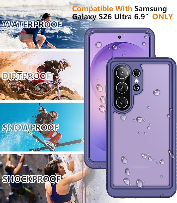 Temdan Designed for Samsung Galaxy S26 Ultra Case Waterproof, Built-in Lens & Screen Protector Military Grade Shockproof Dropproof IP68 Underwater Full Body Phone Case for Galaxy S26 Ultra 6.9"-Purple