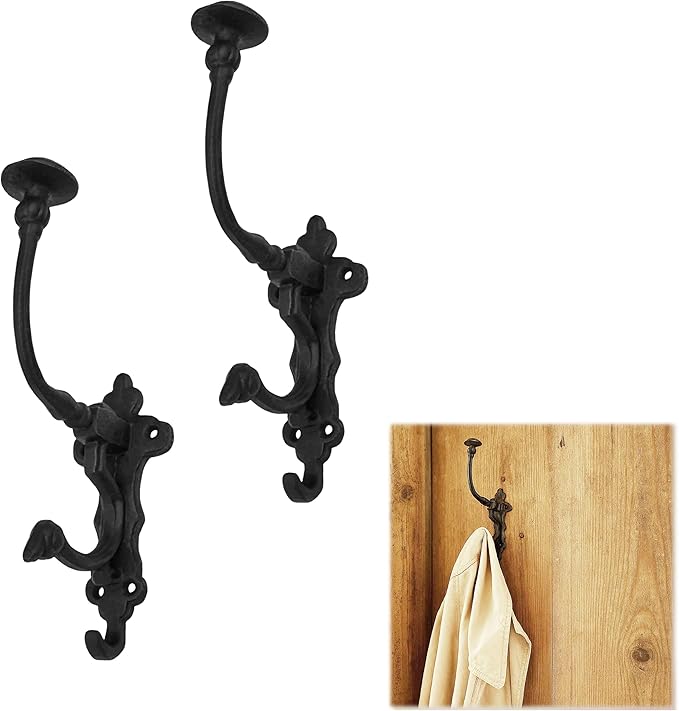 Mystic Colonial Rustic Cast Iron Wall Hooks – Heavy Duty Vintage Utility Hooks for Hanging Coats, Towels, Bags, Robes, Hats & More – Large Decorative Wall Mount Hanger, Pack of 2, Black