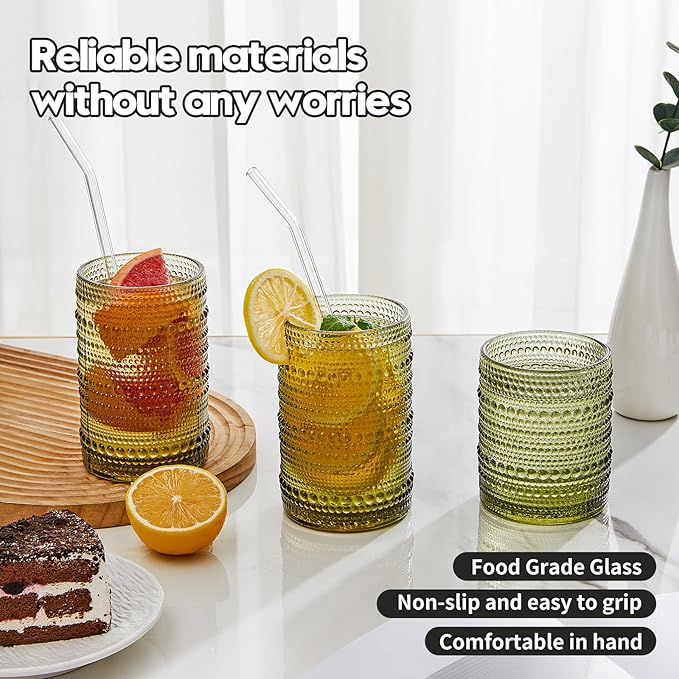 HomeVogue Vintage Hobnail Drinking Glasses Set of 12, 15 oz Highball Glasses & 12 oz Cocktail Glasses Set, Green Kitchen Water Glasses Cup, Bar Tumbler Glassware Set for Beer, Juice, Whiskey, Milk