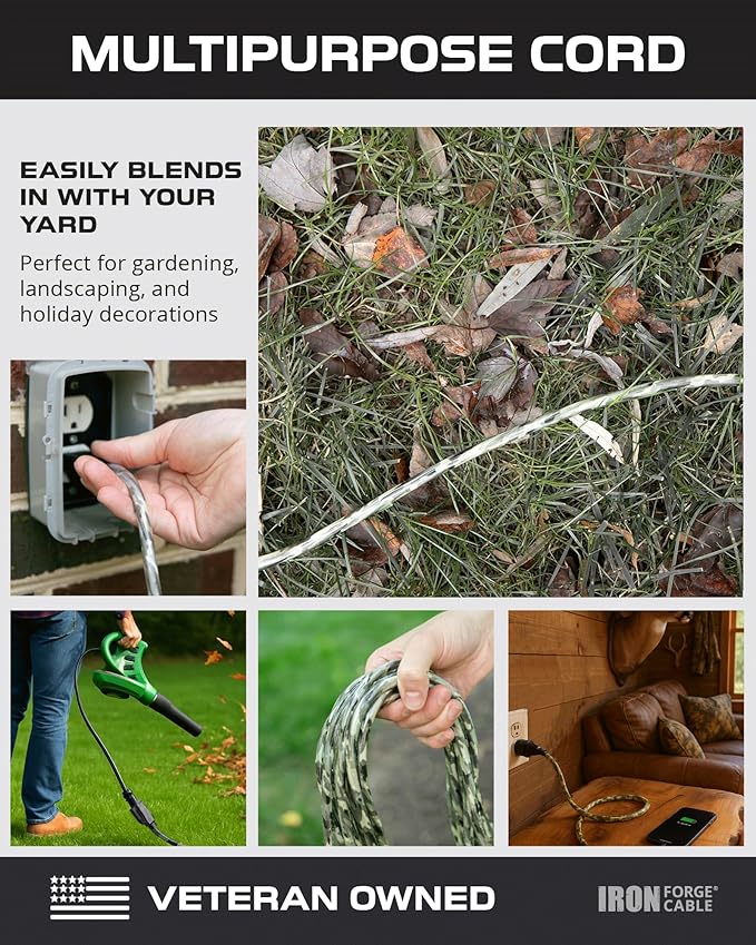 Iron Forge Cable Camo Outdoor Extension Cord 25 ft, 16/3 SJTW 25 Foot Camoflauge Exterior Extension Cord 3 Prong, Weatherproof Heavy Duty Power Cable for Outside, Deck, Landscaping, Lawn & Hunting