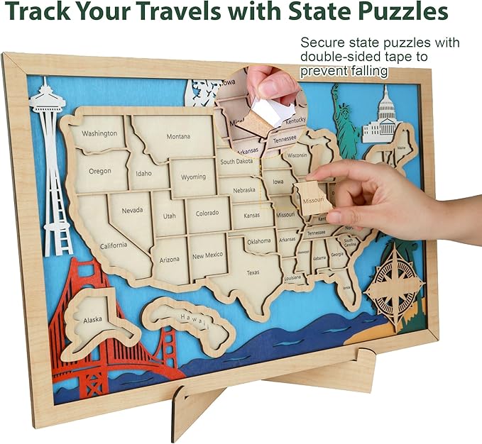 Wooden USA Landmark Travel Map, 16.5 x 11, 3-Layer Wood State Map Tracker Puzzle with Gift Box - Personalized Wall Art & RV Decor with Table Stand, Marker Pen & Adhesive Backing (Landmark, 16.5 x 11")