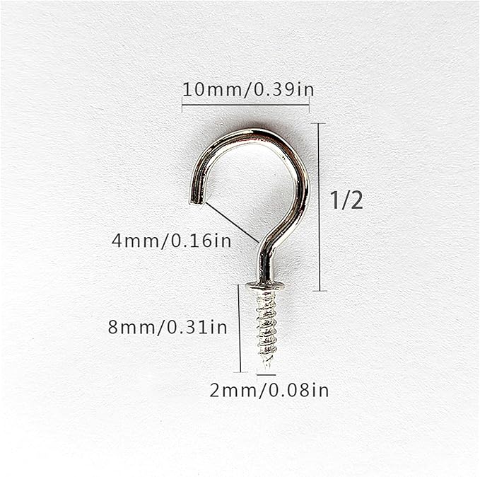 Set of 100 Nickel Plated Metallic Silver Cup Hooks Small Hooks, 1/2 Inch Delicate Size, Threaded Ceiling Hooks, Plant Hooks, Kitchen, and More Multi-Purpose in One.