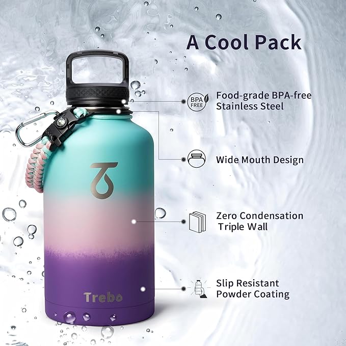 Trebo Water Bottle Insulated with Lid and Straw, Triple Wall Vacuum Stainless Steel Metal Tumbler Sports Flask with Paracord Handle, Keep Cold 48 Hours Water Cup with 3 Lids, Hydrangea