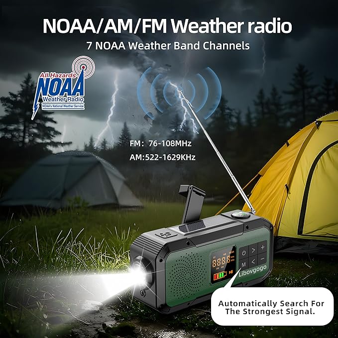 Emergency Radio Waterproof Bluetooth Speaker,Portable Digital AM FM Radio with 2000mAH Cell Phone Charger,Flashlight,Hand Crank NOAA Weather Radio with Solar Panel,Emergency Survival Kit (Green)