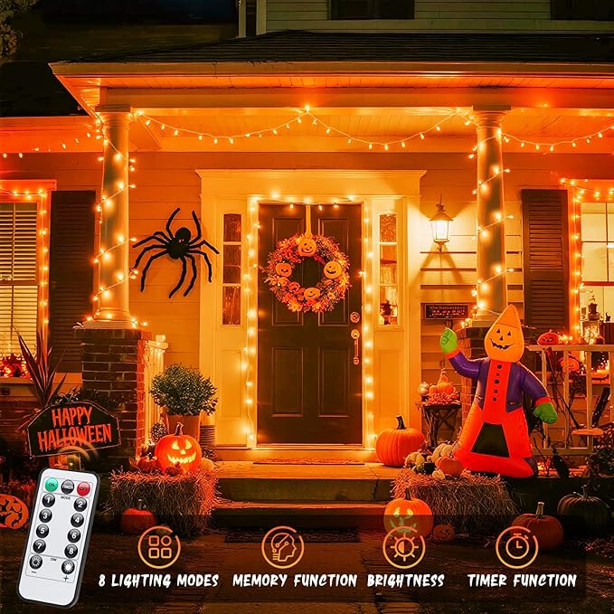 JMEXSUSS 33ft 100 LED Orange Christmas Lights, Battery Operated Christmas Lights, Orange String Lights with Remote Indoor Outdoor Waterproof for Fall Xmas Decorations