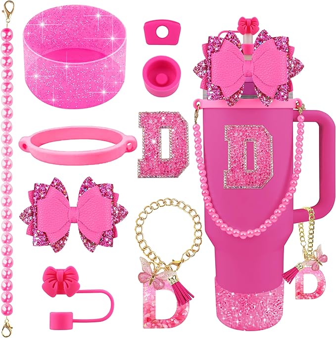 9PCS Hot Pink for Stanley Cup Accessories Set Bling Initials Bow Charms for Stanley Decorations 30/40 Oz Tumbler Accessories Including Bow Straw Topper, Handle Strap, Spill Stopper（Letter D）