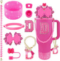 9PCS Hot Pink for Stanley Cup Accessories Set Bling Initials Bow Charms for Stanley Decorations 30/40 Oz Tumbler Accessories Including Bow Straw Topper, Handle Strap, Spill Stopper（Letter D）