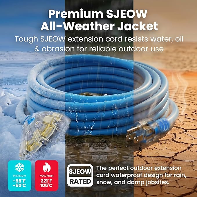 GEARit 100 Ft Extension Cords 12/3 Gauge Outdoor/Indoor Triple Outlet SJEOW 12 AWG 3 Prong Heavy Duty Power Cable 15A 125V 1875W for Lawn, Garden, Appliances Blue