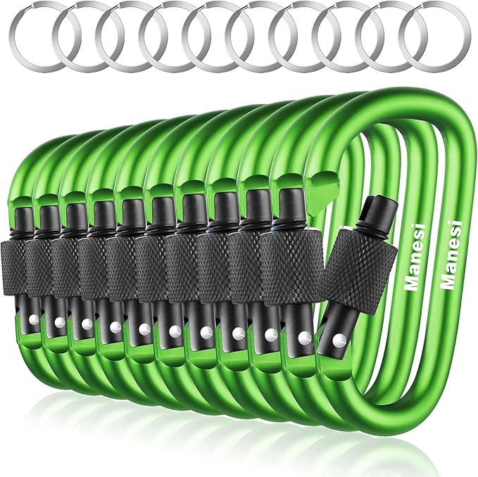 10 Pack Aluminum D Ring Key Rings Clips Locking Carabiner for Camping Fishing and Outdoor Use，Clips with Screw Gate Multicolored