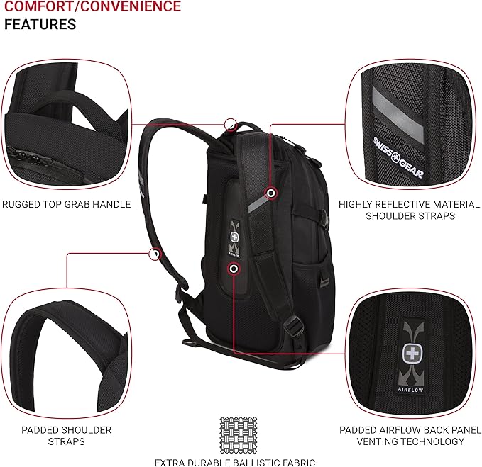 SwissGear 3598 Backpack Narrow Daypack, Black Ballistic, 18-Inch