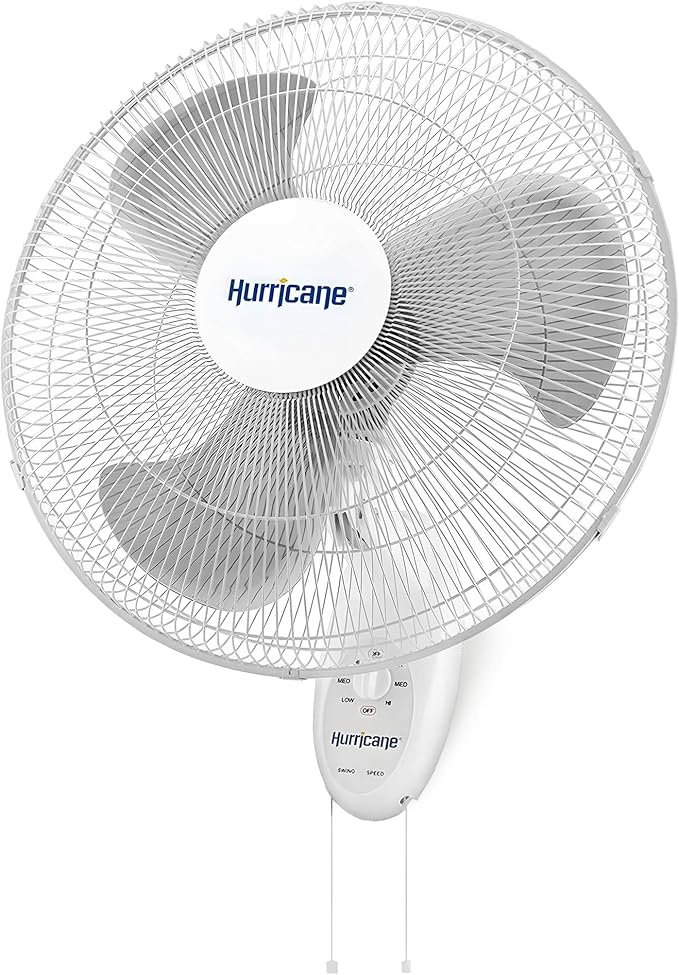 Hurricane 18" Supreme 90-Degree Oscillating Wall Mounted Fan with 3 Quiet Speeds, White - Indoor Air Cooling Unit with Adjustable Tilt and Pull Cords for Bedroom, Garage, Office, and Home