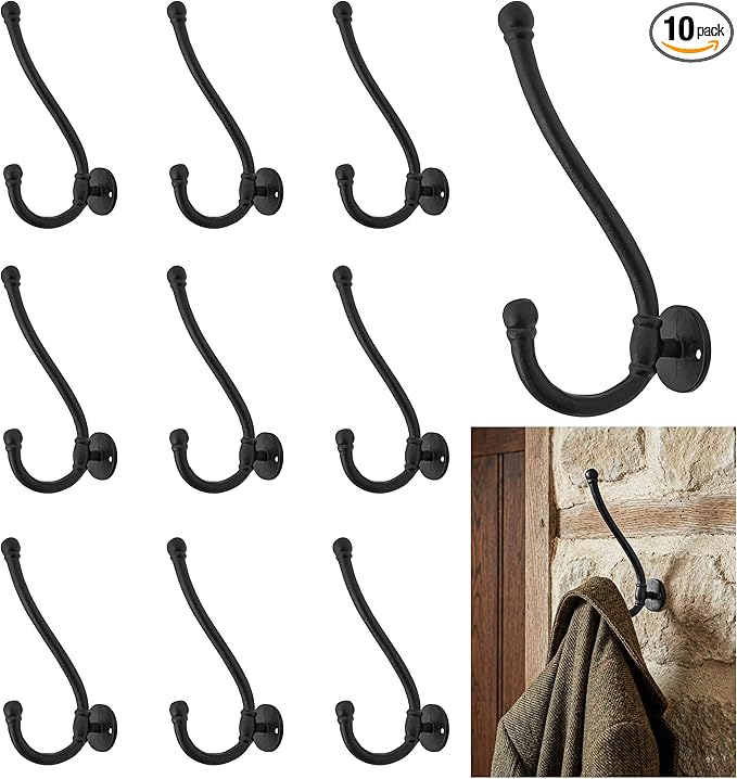 Mystic Colonial Rustic Cast Iron Wall Hooks, Heavy Duty Retro Utility Hanger, Multi Purpose Wall Mount Hooks for Hanging Coat, Bag, Towel, Robe, Hat, Pack of 10-8" x 1.5"