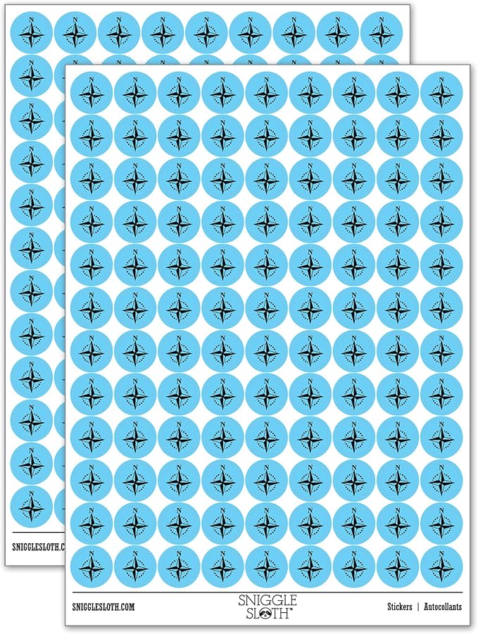 Compass Rose Nautical Star Navigation Map 200+ Round Stickers - Gloss Finish - 0.50" Size - Light Blue