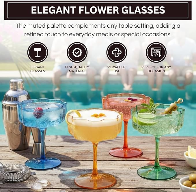 Khen Shatterproof Acrylic Flower Wavy Vintage Art Deco Martini, Champagne & Cocktail Muted Pastel Color Plastic Tritan Coupe Glasses | 4 Set | 8.5oz Glassware Classic Cocktail Indoor & Outdoor Set