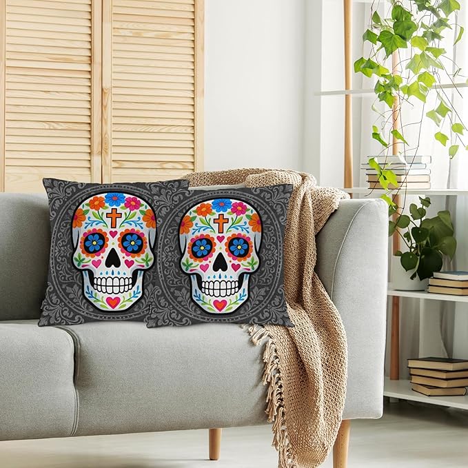 Swono Sugar Skull Set of 2 Square 18x18 Inch Throw Pillow Cover Mexican Day of The Dead Sugar Skull Rose Soft Pillowcases Pillow Cushion Covers for Home Sofa Couch Garden Bench Car Decoration