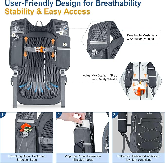 BECOJADDE Hiking Backpack 15L Small Backpack Packable Day pack Water Resistant Lightweight Travel Backpack for Women Men with Shoulder Strap Pockets for Hiking Camping Outdoor, Grey