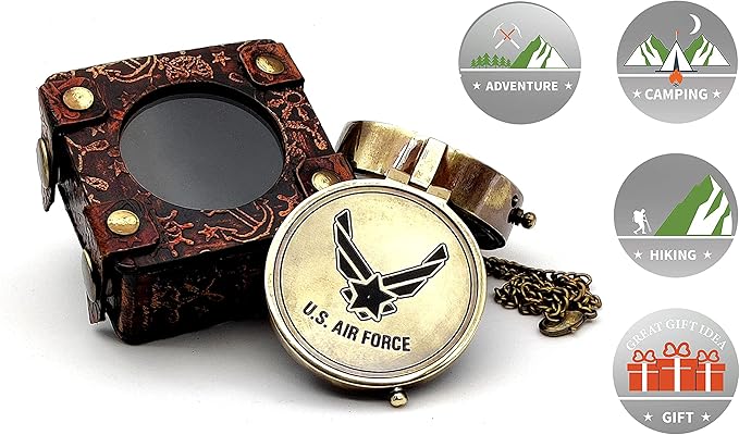 5MoonSun5's US AIR Force Engraved Brass Military Compass Nautical Marine with Leather Display Case - Perfect and Unique Gift for Army Person - Survival Navigation Compass for Hiking Camping Hunting