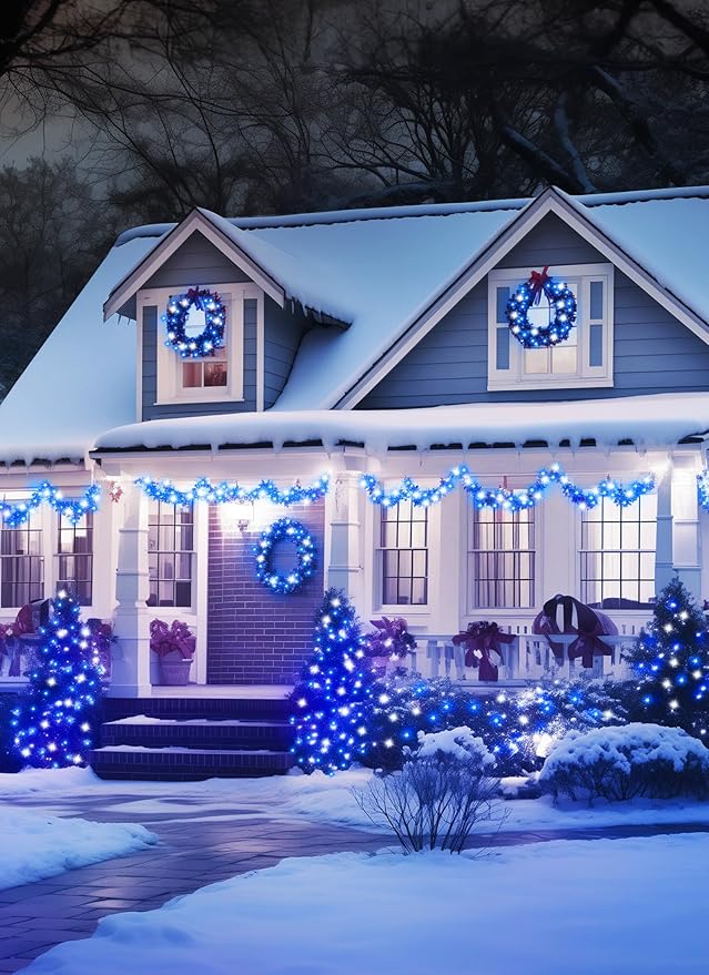Minetom Solar Christmas Lights Outdoor Waterproof - 40FT 100 LED With 8 Modes - Decoration for Outside House, Tree, Party, Yard - Blue & Pure White