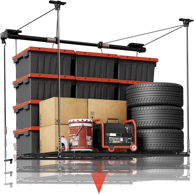 FLEXIMOUNTS Overhead Garage Storage Rack Lift, 4x4 Ft Heavy-Duty Garage Ceiling Storage Racks, Adjustable Organization System With 71'' L Axle, 350lbs Load Capacity, Flat Black