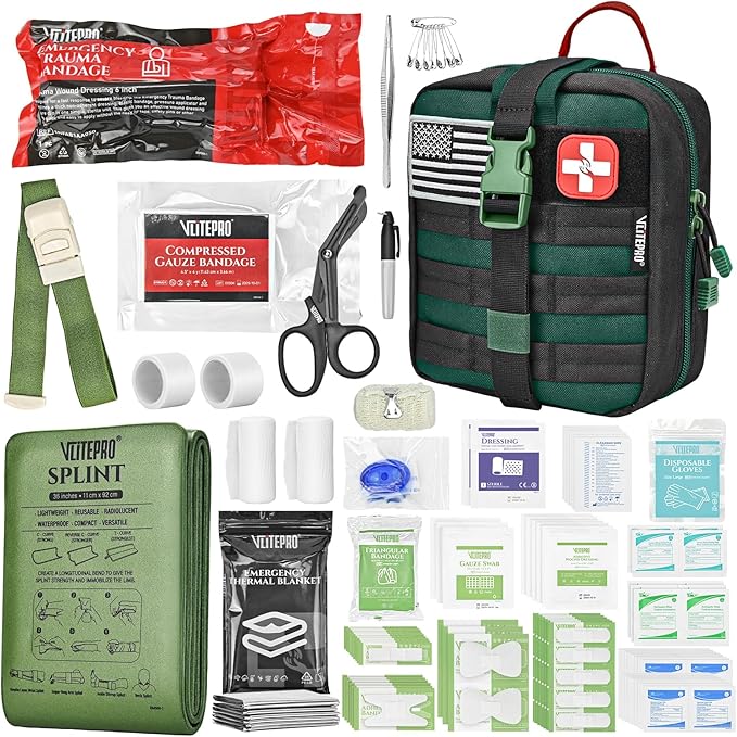 Survival First Aid Kit - IFAK Trauma Kit with Trauma Bandage, Splint, Tourniquet, Wound Care, Bleeding Control - Tactical Molle Pouch for Combat, Camping, Home, Hiking,Travel- Green