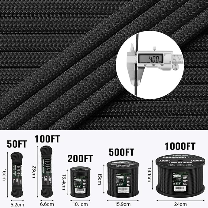 Paracord Rope 750 lb - 1000ft / 500ft / 200ft / 100ft 5/32" Parachute Cord 4MM 12-Strand para Cord - Heavy Duty Spool String for Survival,Camping Gear, Survival Bracelet, Clothesline