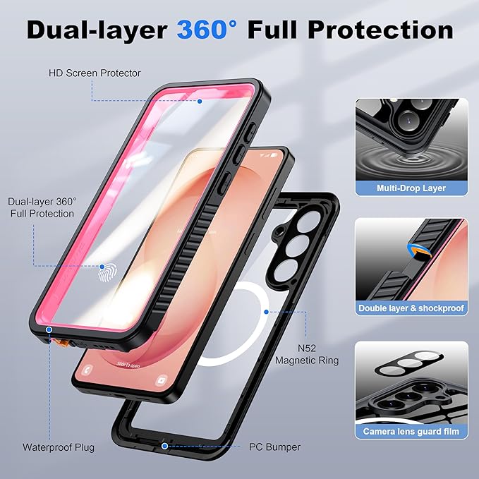 ANTSHARE IP68 Waterproof Case for Samsung Galaxy S26 Plus [2026] - MagSafe Compatible, Built-in Screen/Lens Protector - Shockproof Full Body Protection for Swimming/Outdoor, Pink/Clear