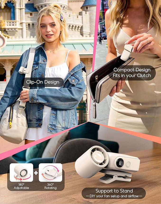 Portable Clip-On Mini Fan, Hands-Free, Turbo Personal Handheld Fans Rechargeable w/ 4 Wind & LED Display, Pocket Size Summer Cooling Essentials for Travel/EyeLash/Beach/Concert, Gifts for Women(Ivory)